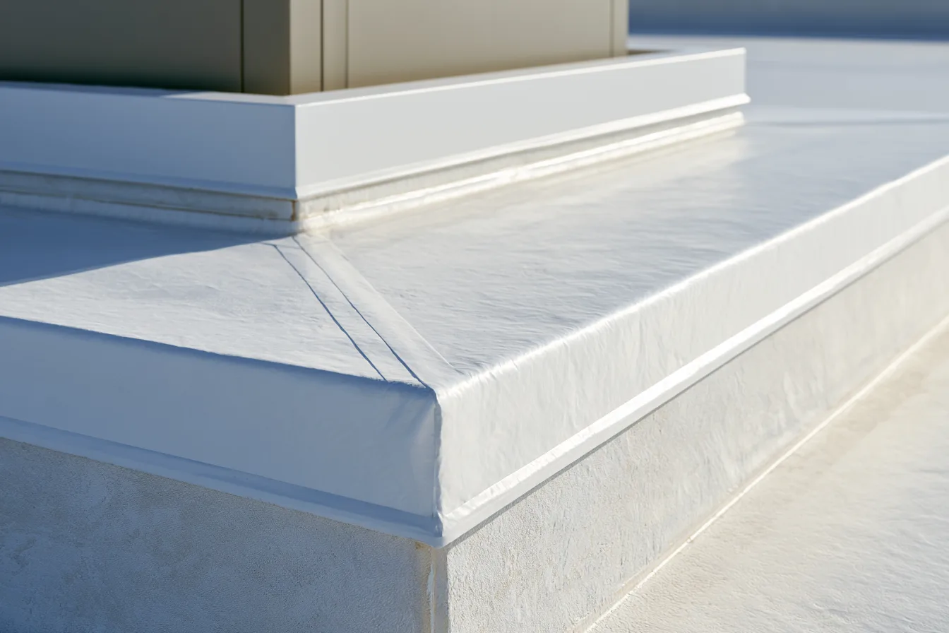 Close-up of a wrapped membrane corner at a rooftop equipment curb