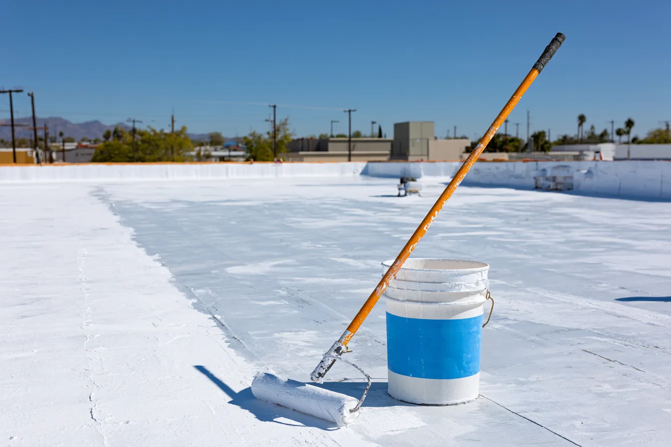Roof coating roller and bucket resting on a white coated rooftop
