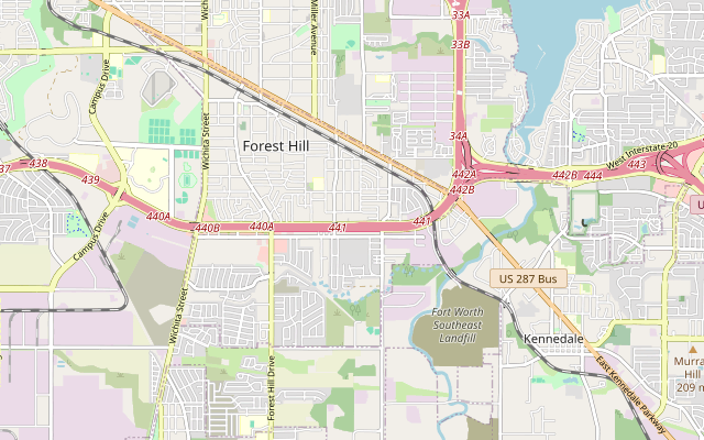 OpenStreetMap view of Forest Hill and neighboring southeast Fort Worth streets; a geographic context map without an office pin or service boundary