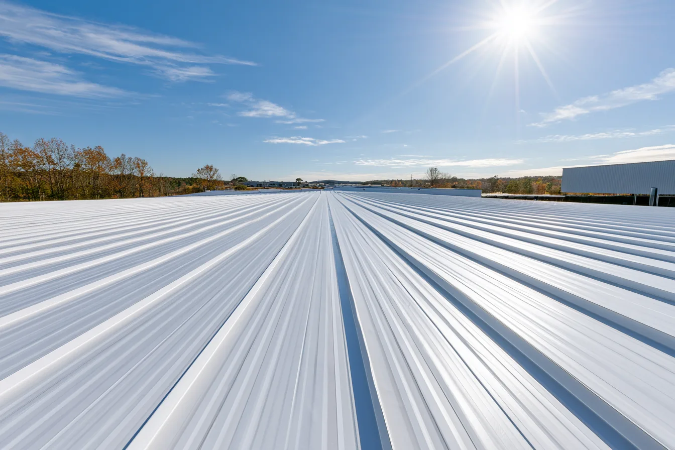Standing seam metal roof panels stretching toward a sunlit horizon