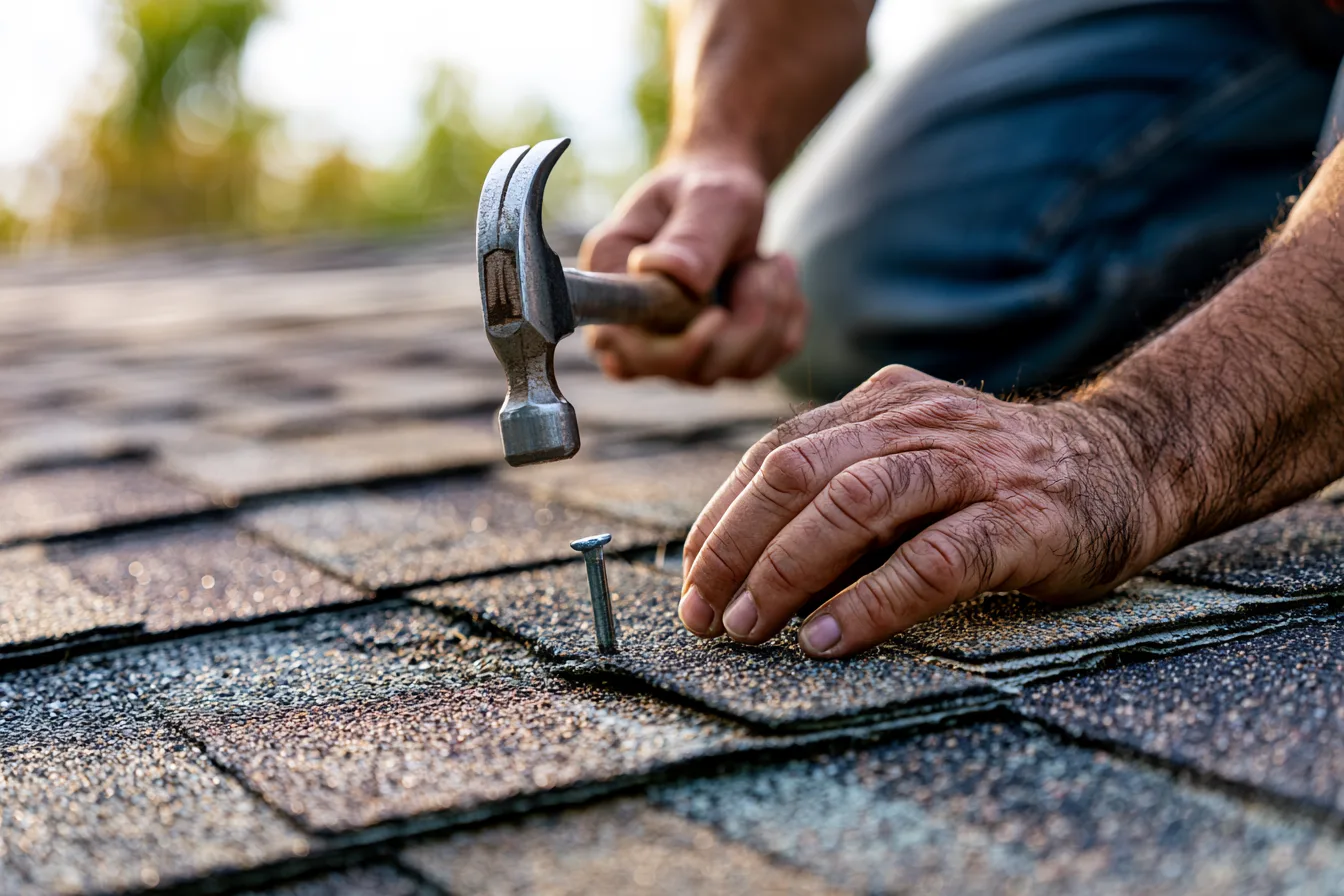 A roofer hammering a nail into an asphalt shingle during a roof repair